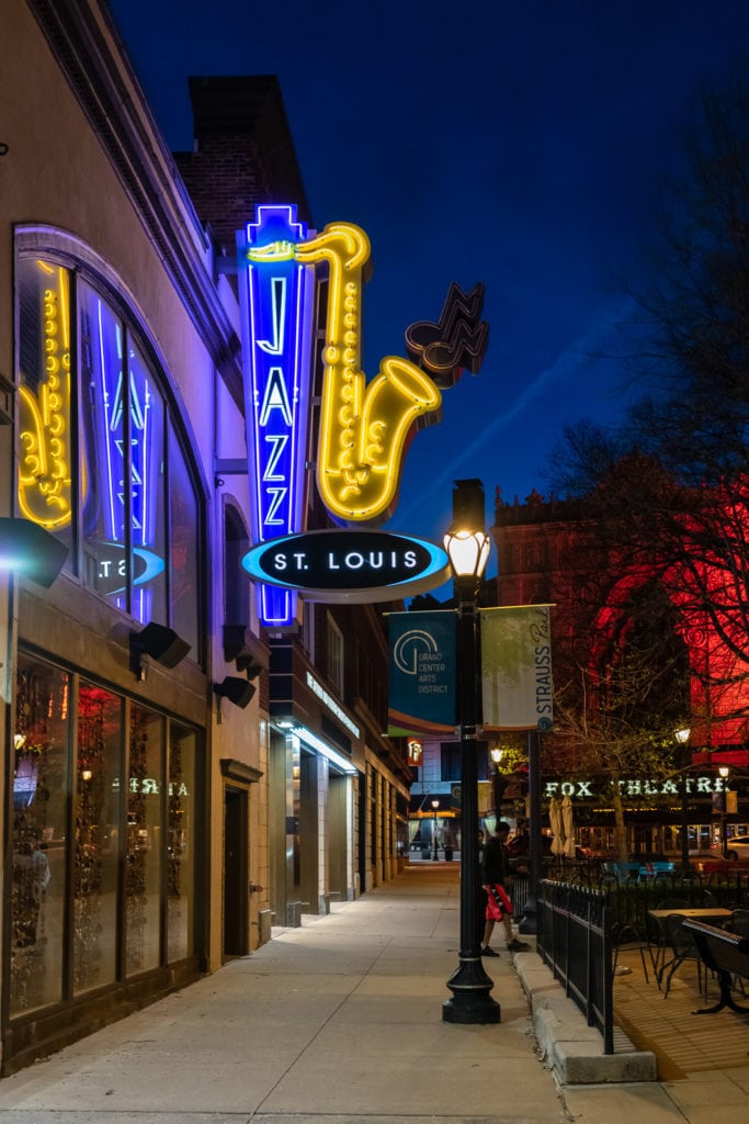 Neon lights lit up at night at Jazz St. Louis in St. Louis MO.