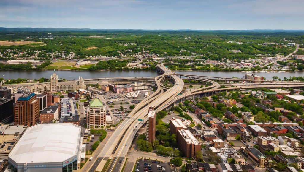 Albany NY skyline view from Corning Tower with Times Union Square and Hudson River.