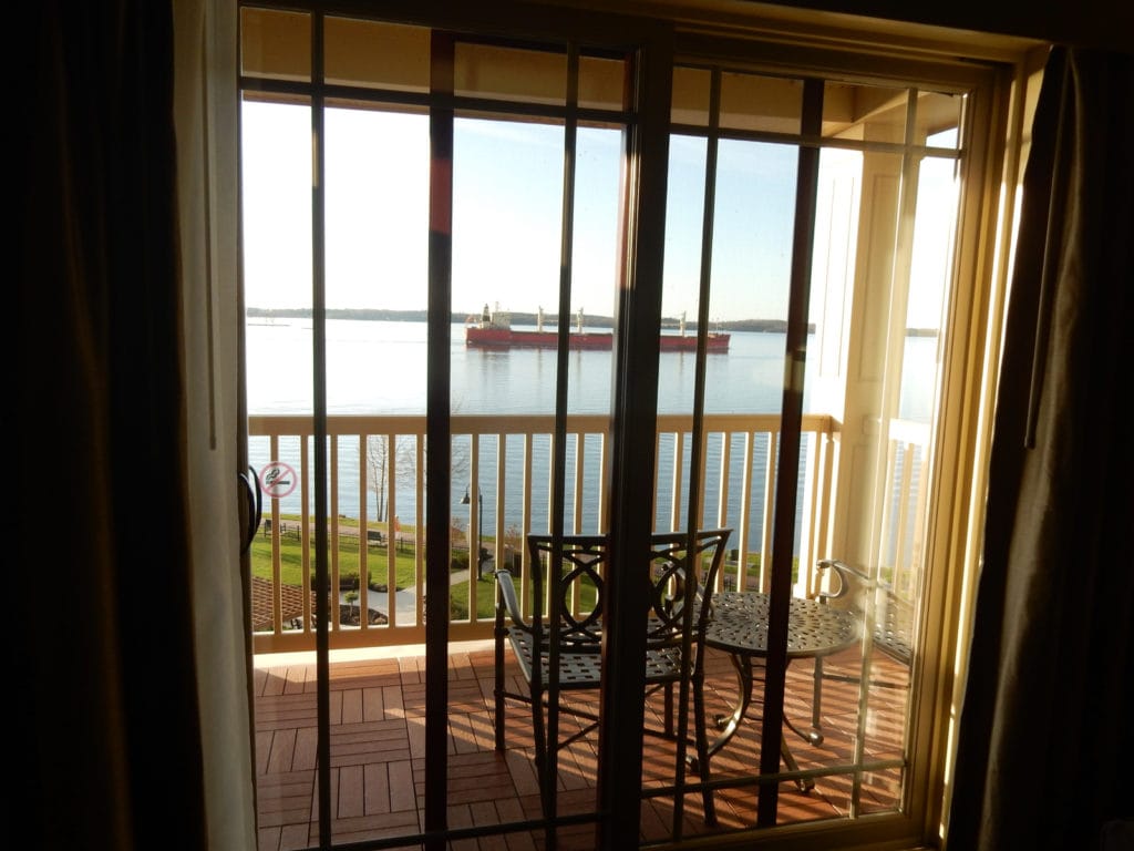 Cargo ship from hotel window 1000 Islands Harbor Hotel Clayton NY