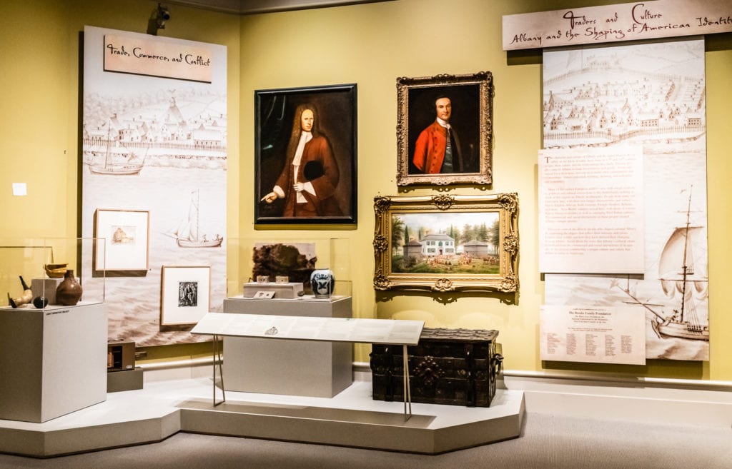 Historical artifacts and portraits on display in exhibit on European settlement in Albany, New York on permanent display at the Albany Institute of History and Art.