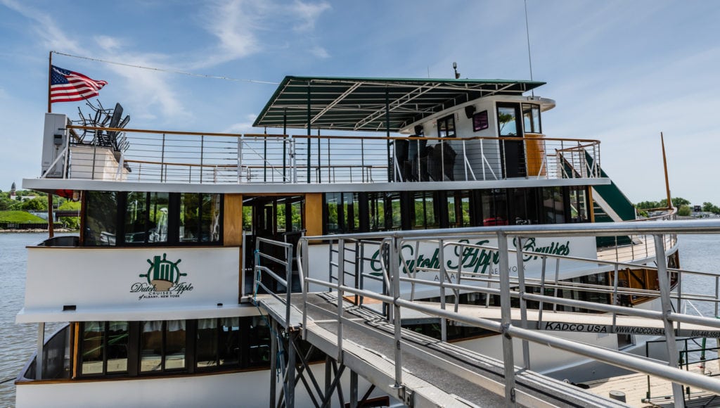 Dutch Apple Cruise boat docked on Hudson River.