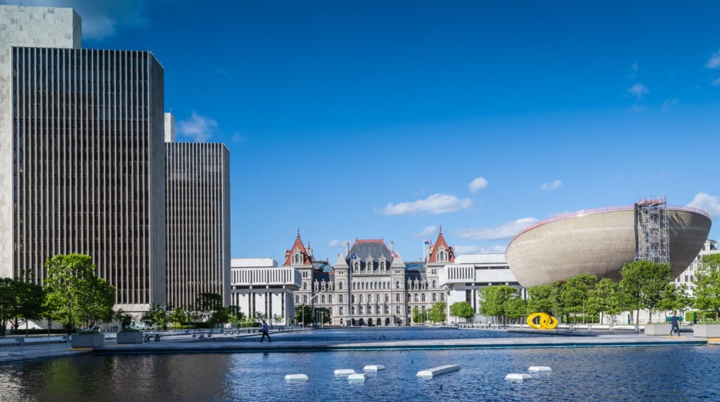 Empire State Plaza Concourse in Albany NY on a sunny day.