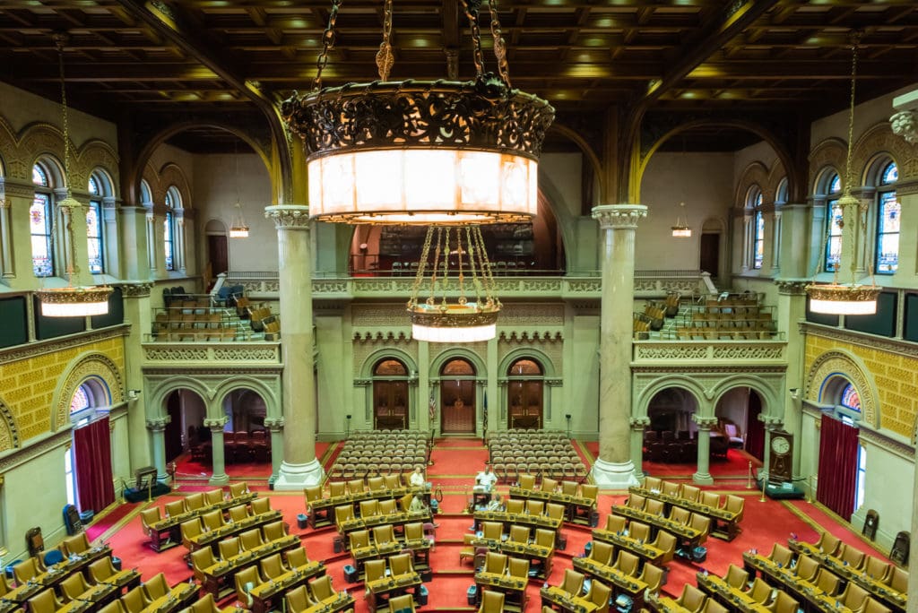 New York State Assembly room seen from overlook in Visitors Gallery.