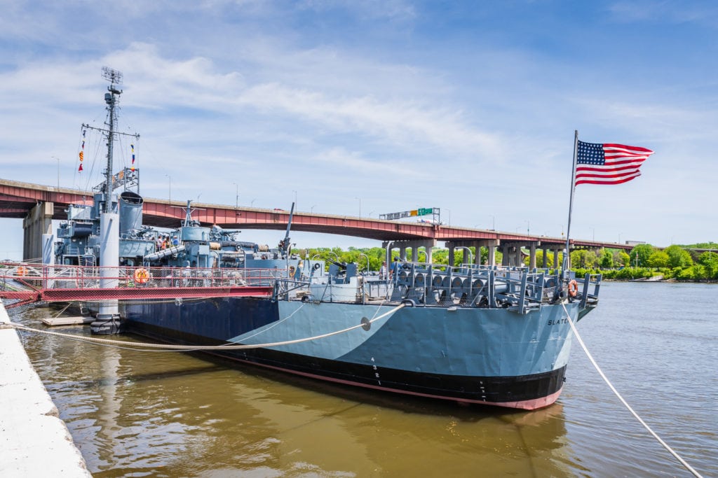 Exterior view of USS Slater destroyer docked on Hudson River.