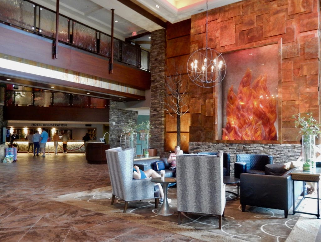 Reception area of Mount Airy Casino Resort with Flame Glass Wall Sculpture