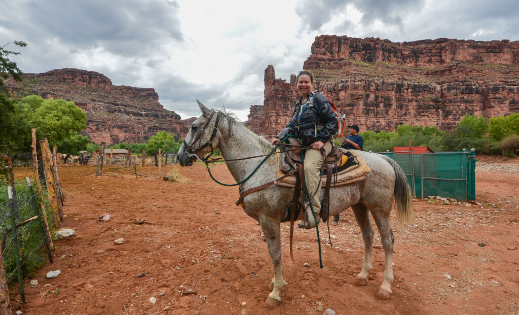 Sandra Foyt riding a horse back from Havasu Falls.