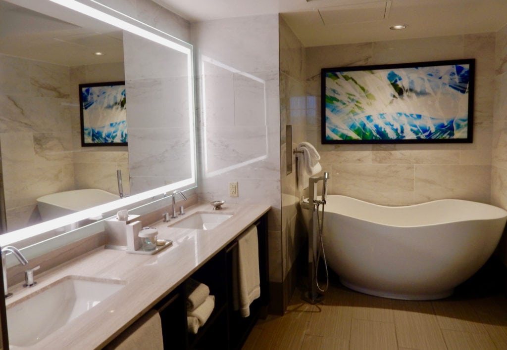 Contemporary hotel bathroom with curvy soaking tub at Mount Airy Casino Resort