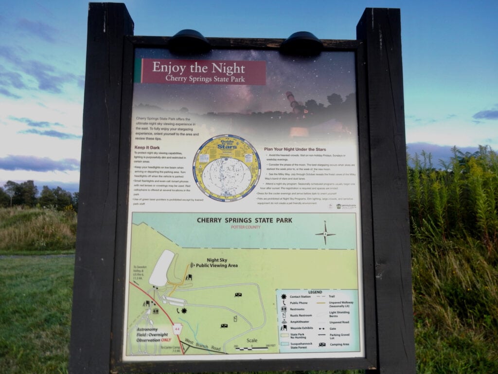 Informational sign of Cherry Springs State Park Dark Sky for stargazing