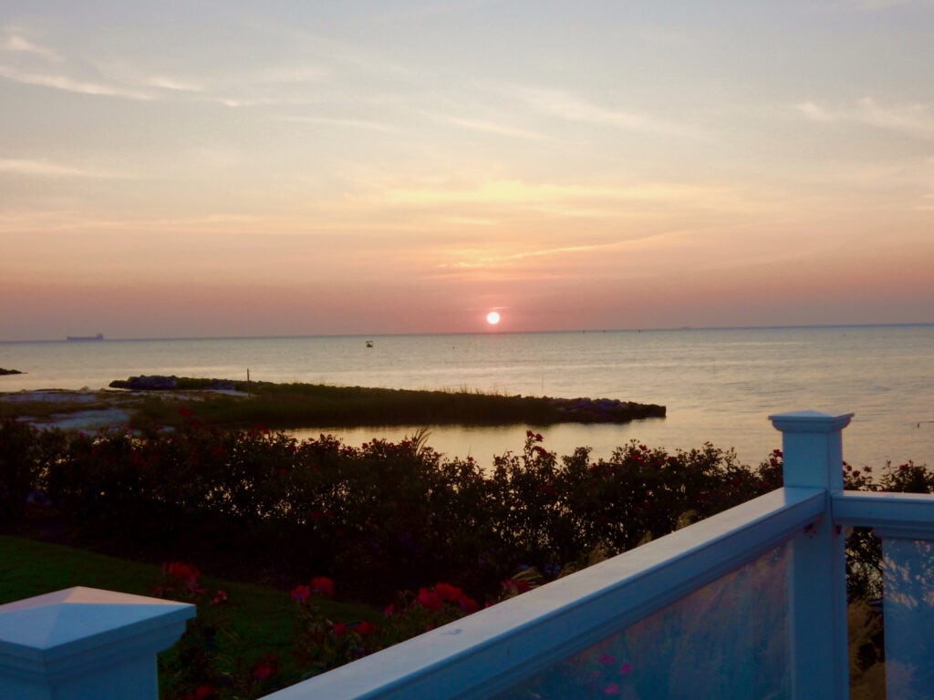 Sunset from deck of Oyster Farm Seafood Restaurant Cape Charles VA