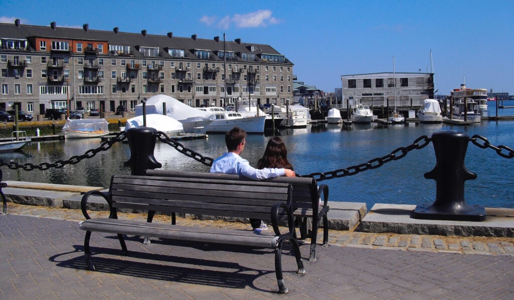 Couple on Bench on Boston MA Waterfront
