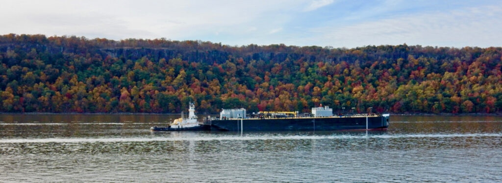 Palisades Fall Foliage with Barge and Tugboat