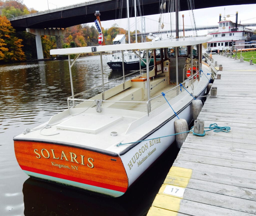 Solar powered boat, Solaris at dock in Kingston NY