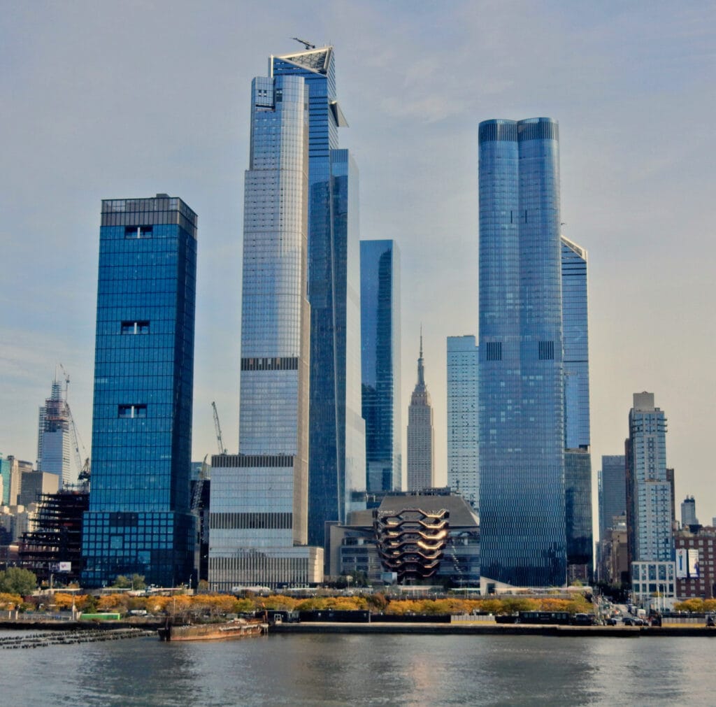 Hudson Yards Vessel with Empire State Building Behind it