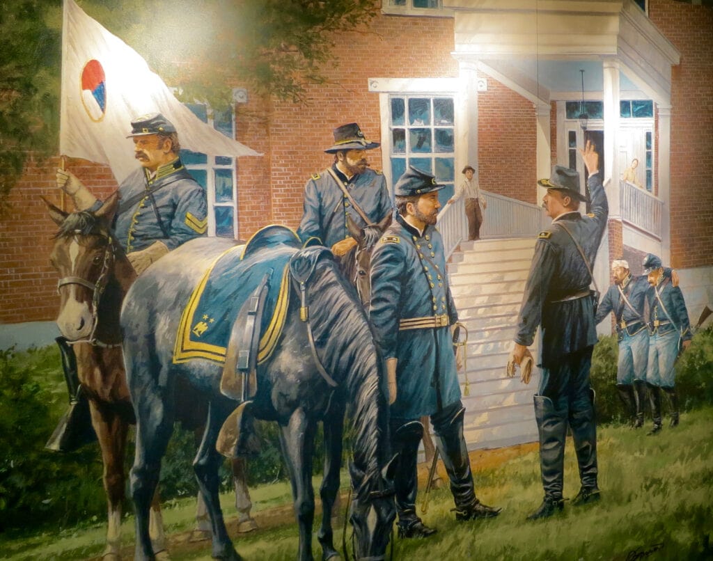 Painting of injured Union Troops walking into Seminary Ridge building Gettysburg PA