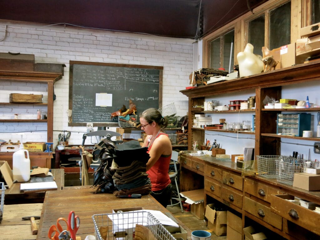 At work at Peg and Awl Handcrafted items Philly PA