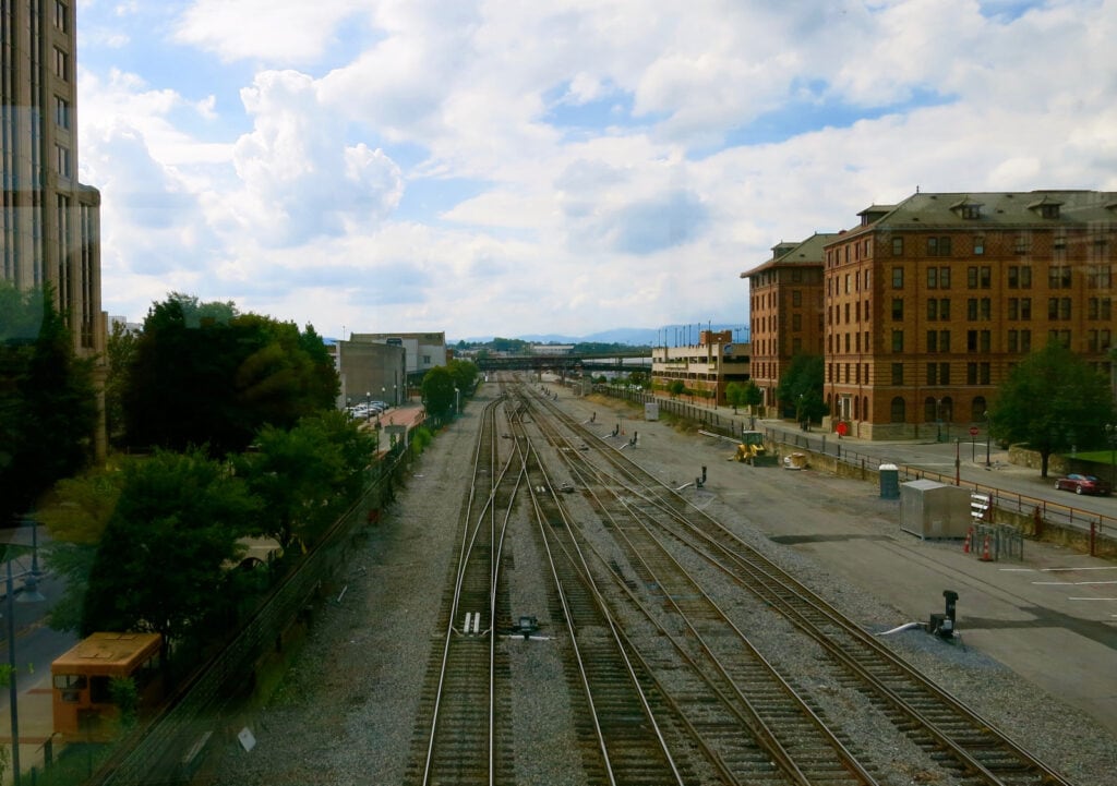 Roanoke VA Train Tracks under sky walkway