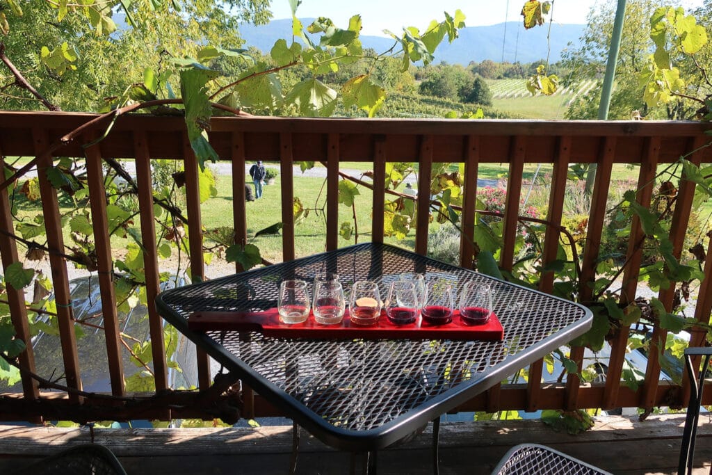 Flight of wine overlooking the mountains in Shenandoah County VA