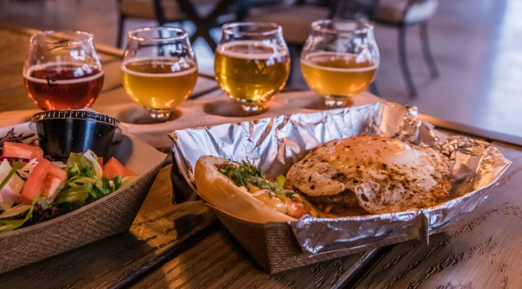 Beer flight and Korean Burger at Live Edge Brewing Company.