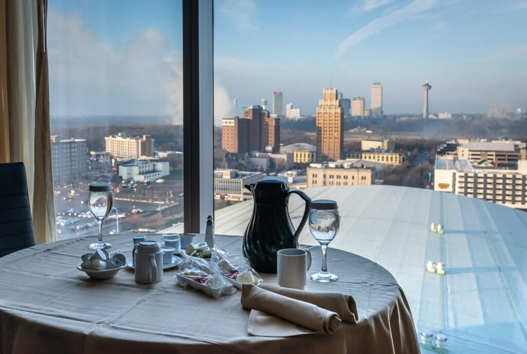 Seneca Niagara Resort Room Service Breakfast with view of Niagara Falls NY