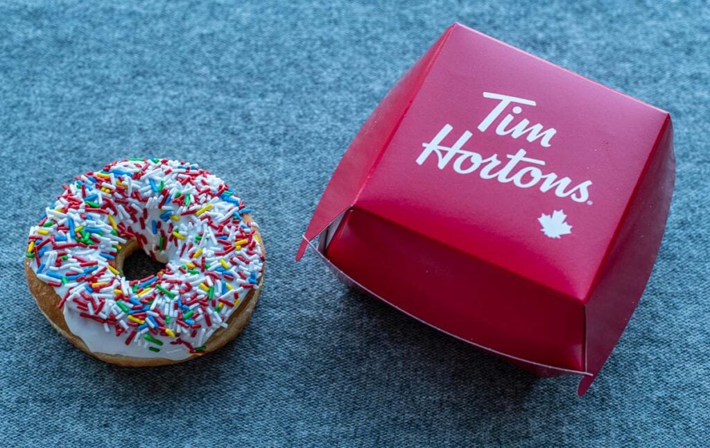 Tim Hortons Candy Sprinkle doughnut and red box