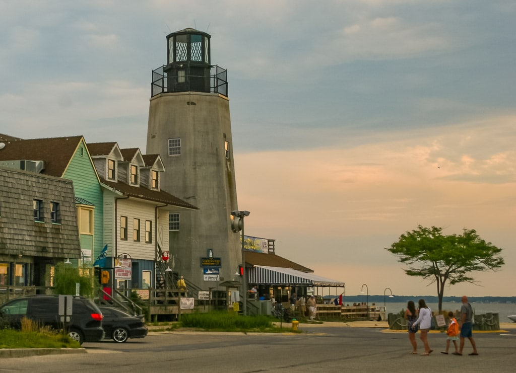 Lighthouse and waterfront in Dewey, Delaware.