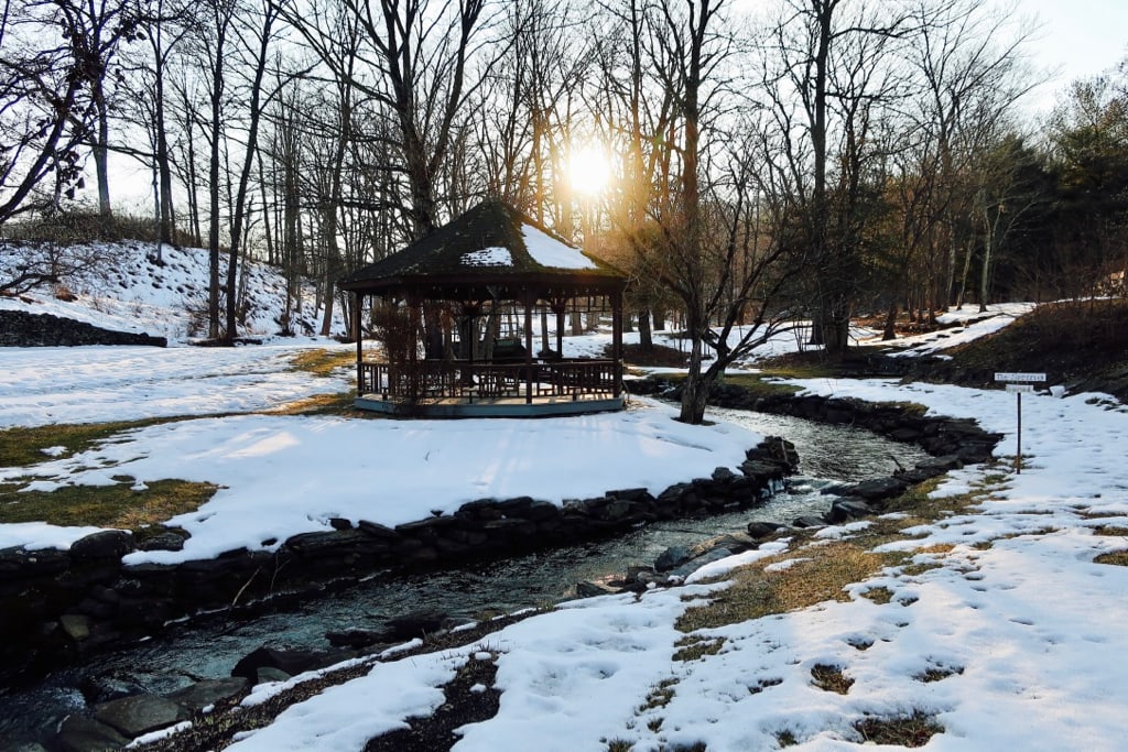 Troutbeck gazebo and brook in winter Amenia NY