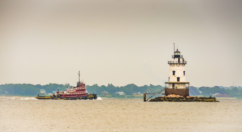 Conimicut Lighthouse in the ocean near Warwick, Rhode Island