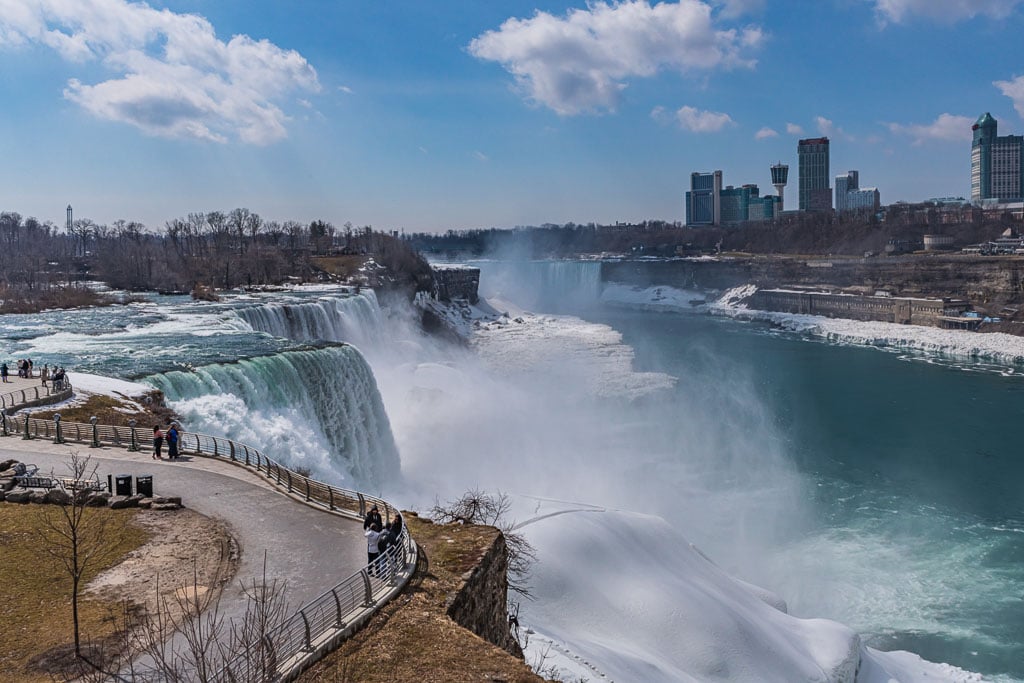 Snow covers land along edge of Niagara Falls winter outlook.