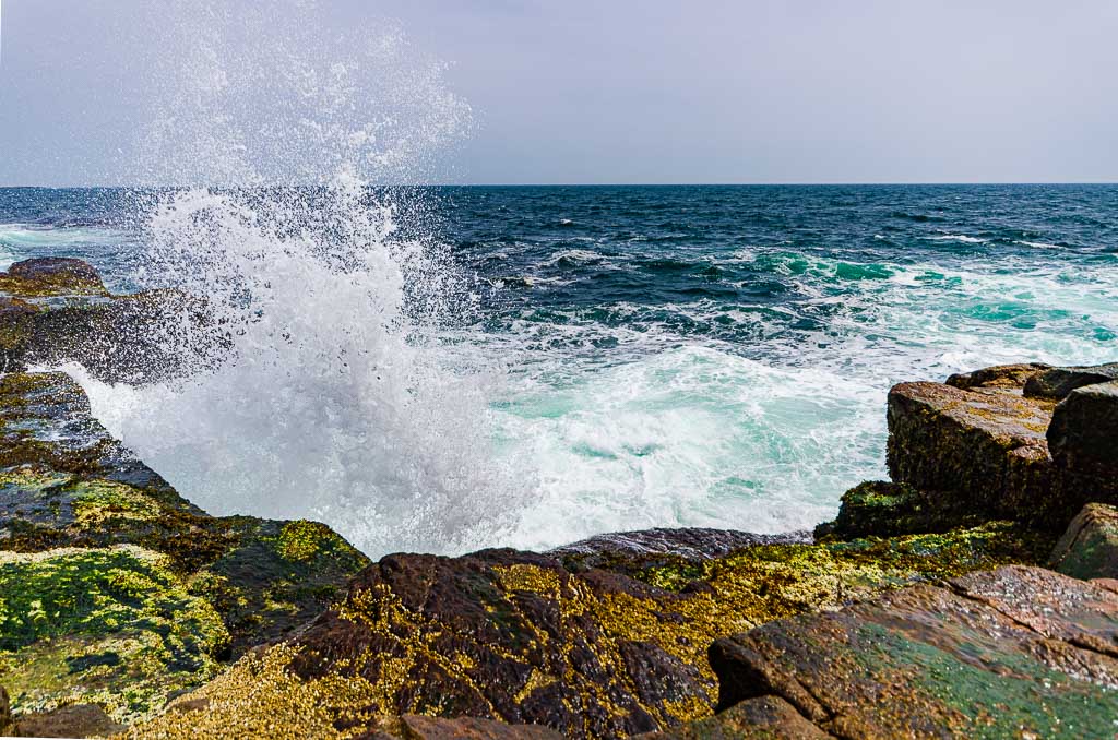 Waves crash on rocky overlook at Schoodic Peninsula in Acadia National Park.