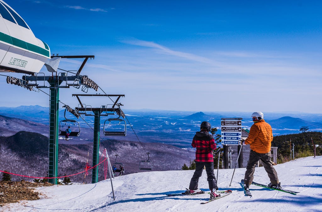 Two skiers face Alligator Alley at Jay Peak Ski Resort.