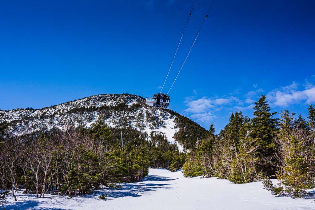 View of Sky Haus and tram wires at Jay Peak.