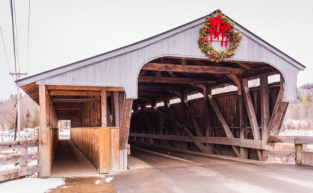 Great Eddy Covered Bridge in Historic Waitsfield at Mad River Valley Vermont.