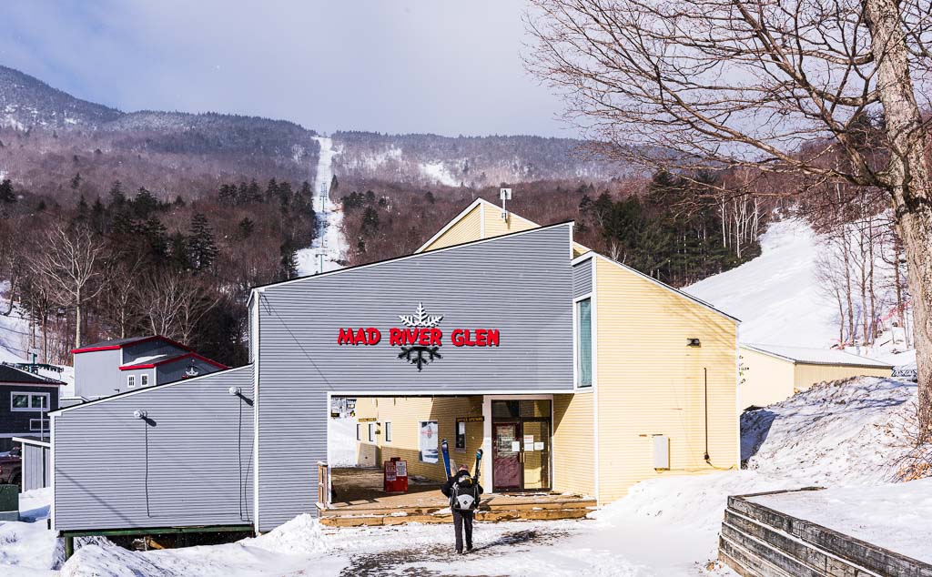 Skier entering Mad River Glen ski mountain in Mad River Valley Vermont.