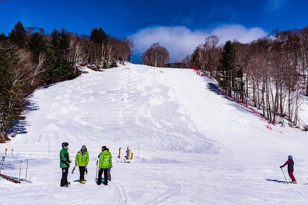 Ski instructors await students at base of mountain in Mad River Glen Co-op.