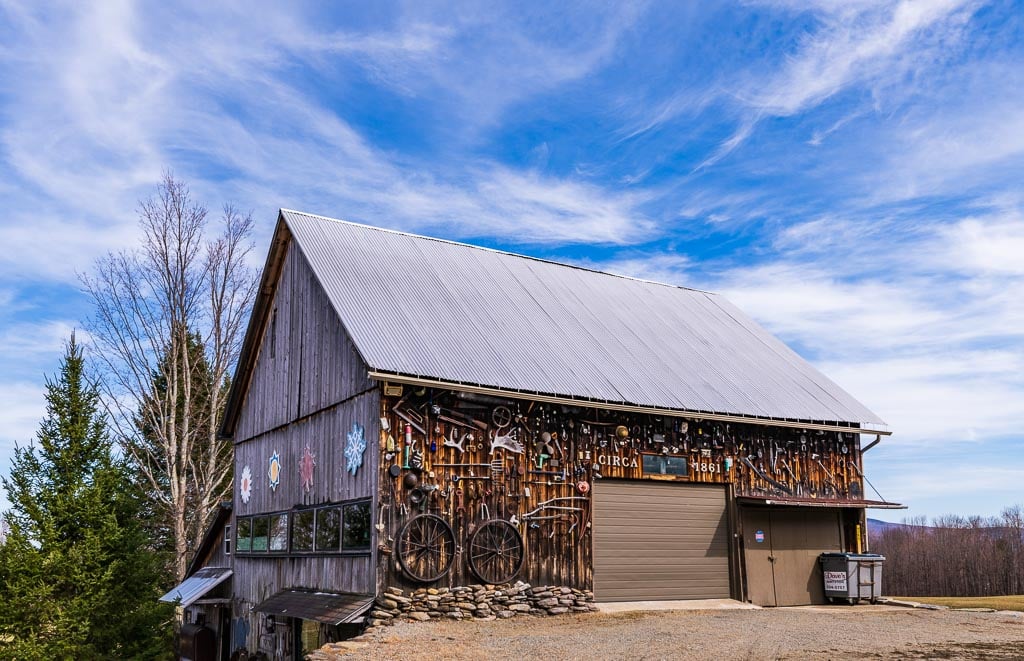 Quirky Vermont barn built in 1861 and adorned with historic memorabilia.