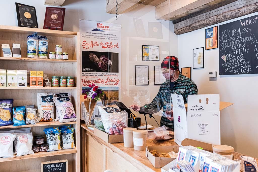 Cashier rings up sales at Von Trapp Farm Store.