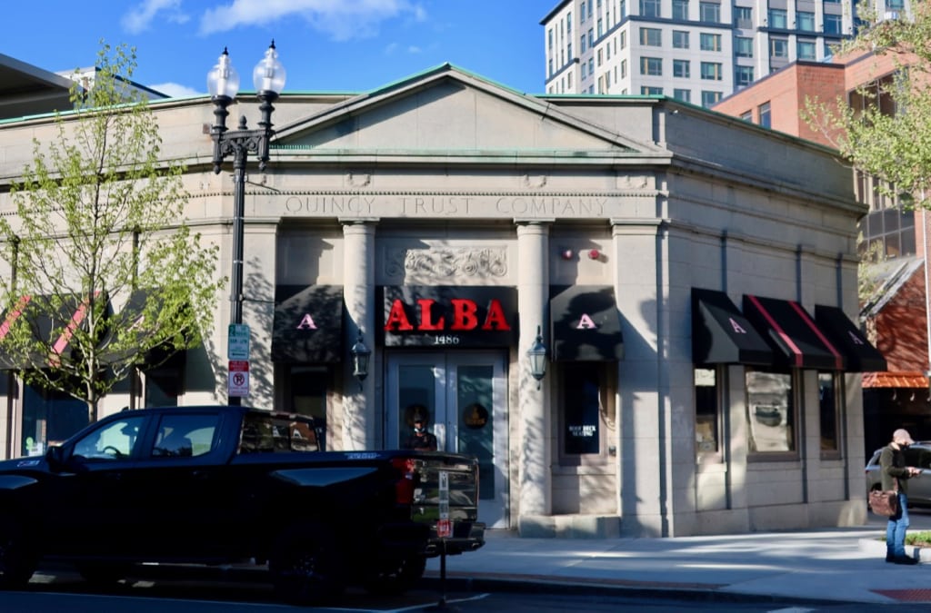 Exterior shot of Alba's formerly Quincy MA Bank