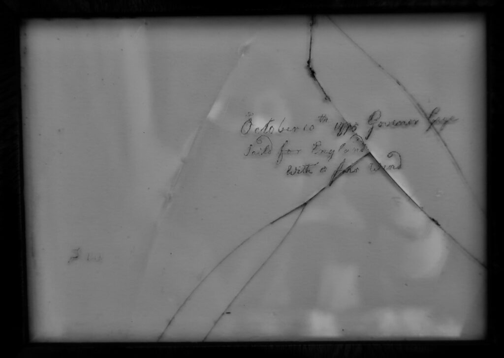British Ship identified during the Revolutionary War etched on a Adams family window Quincy MA