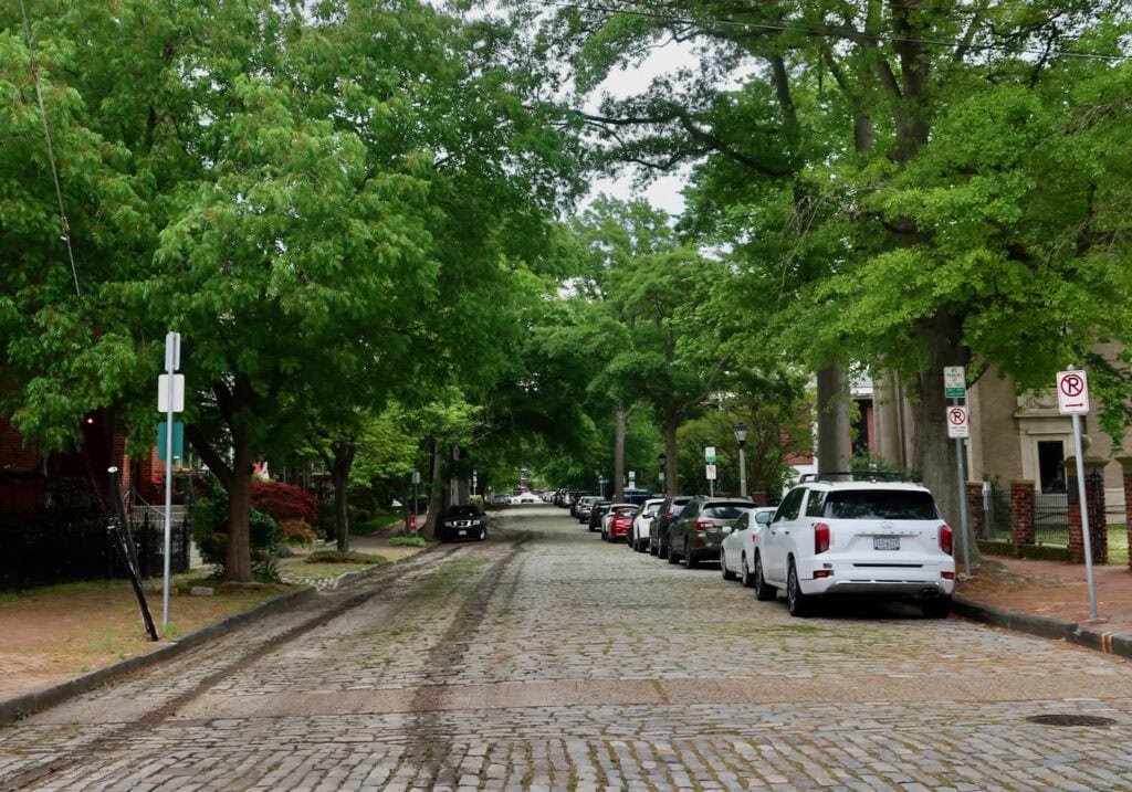 Leafy cobblestone street in Freemason area of Norfolk VA