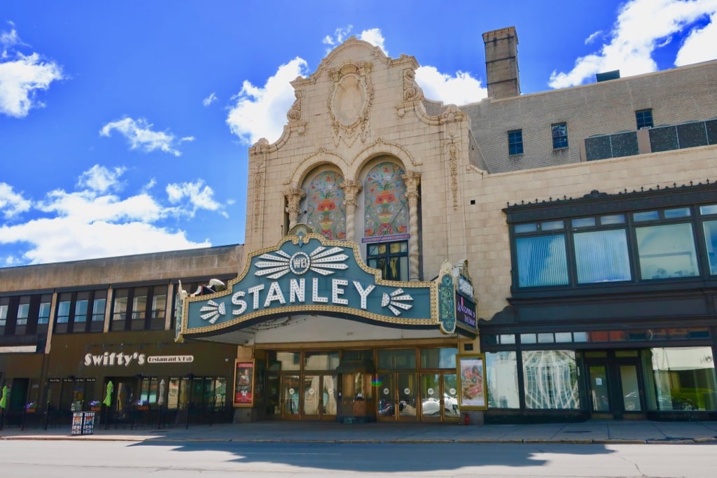 Restored Stanley Theater with colorful facade Utica NY