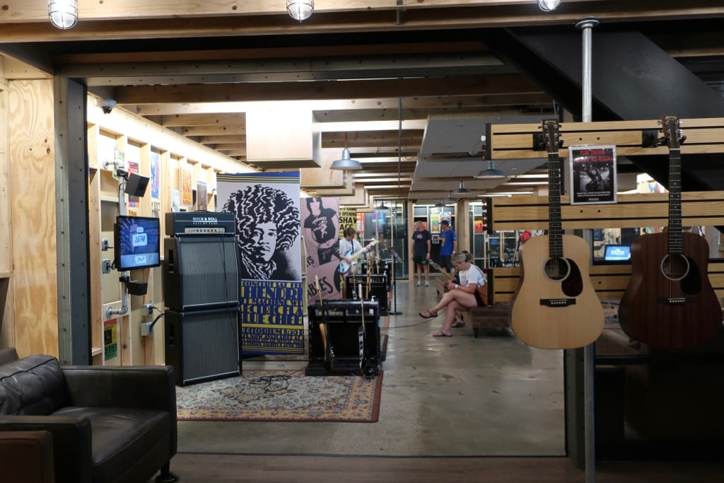 Make music in the instrument room at Rock Hall Cleveland OH