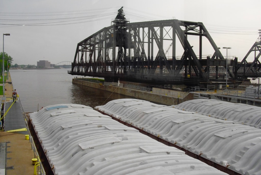 Barge going through lock at Rock Island IL