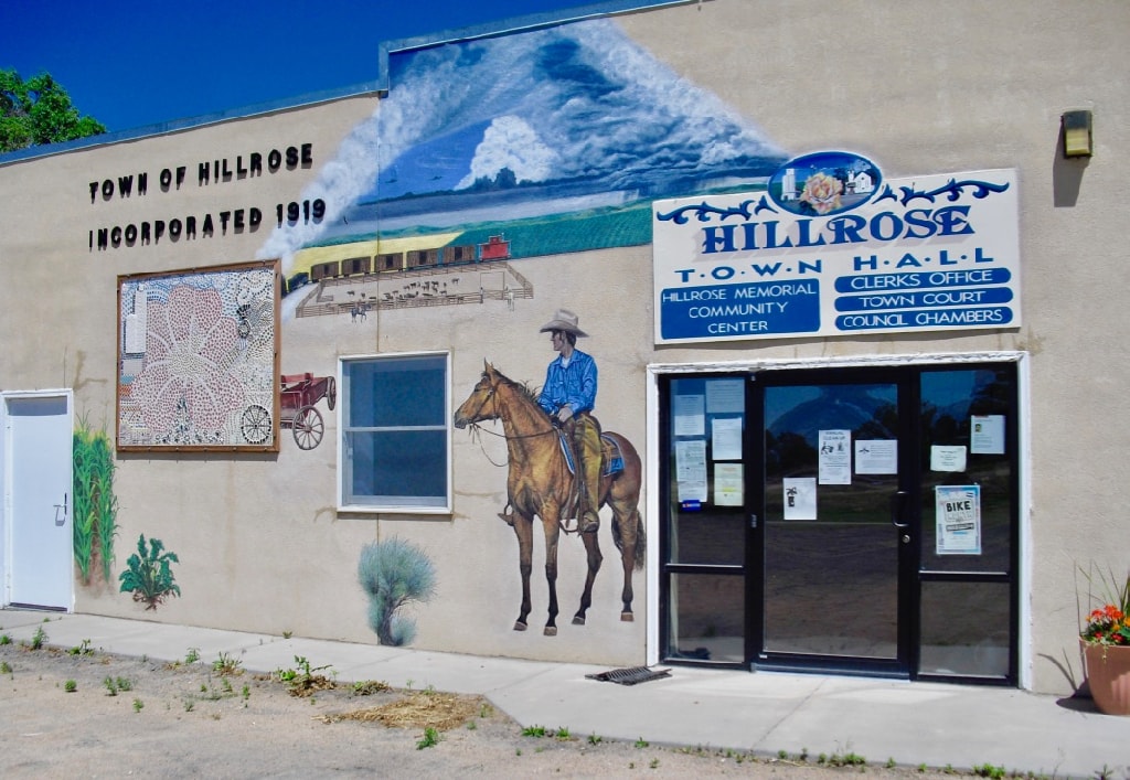 Hillrose Colorado Town Hall with cowboy mural