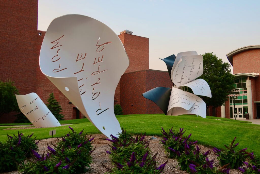 U of Nebraska Lincoln campus with sculpture art