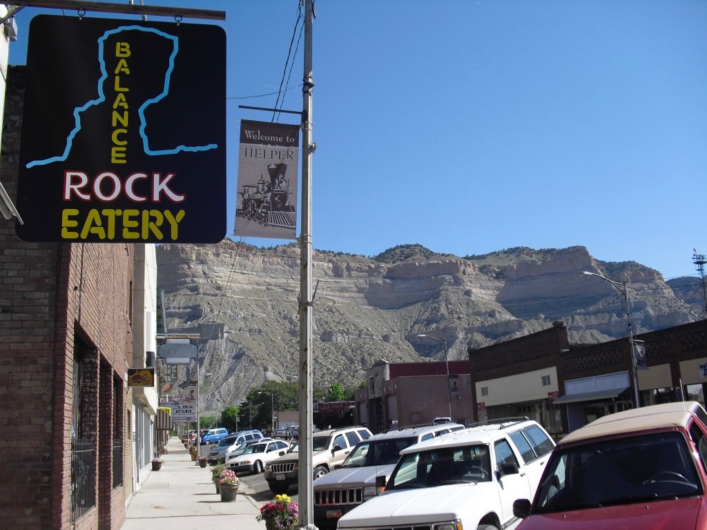 Balance Rock Eatery sign and downtown Helper UT