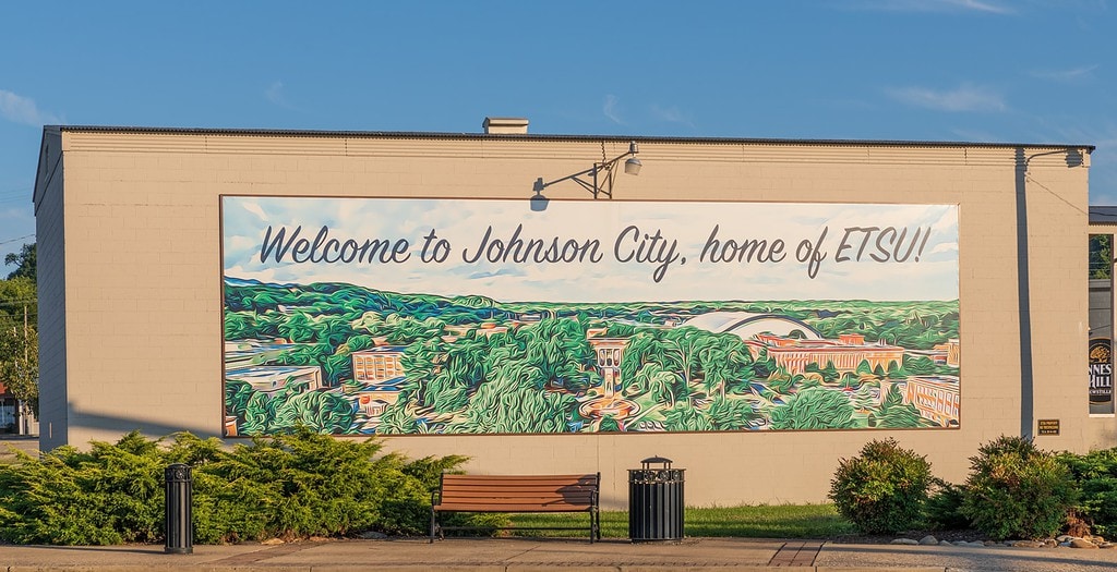 Johnson City TN Welcome Mural reads "Welcome to Johnson City, home of ETSU!"