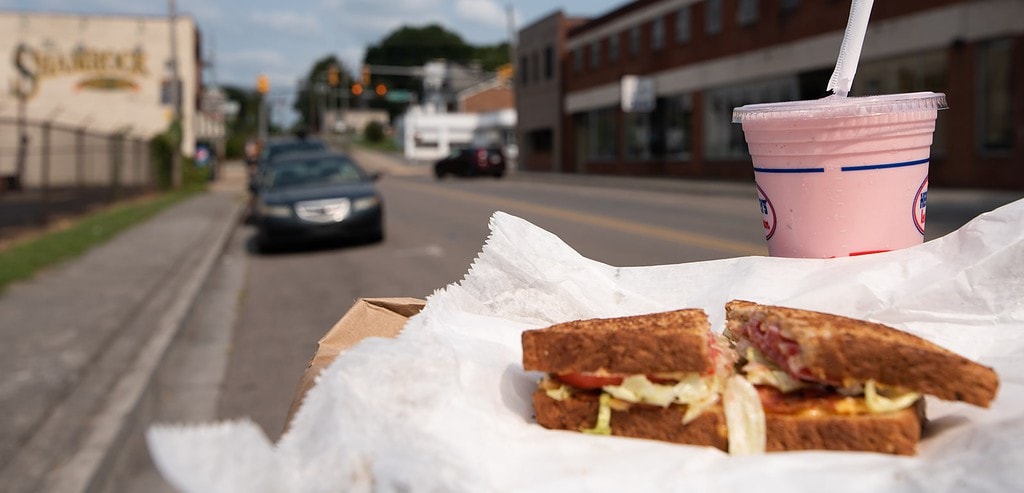 Pimiento Cheese Sandwich and Strawberry Milkshake