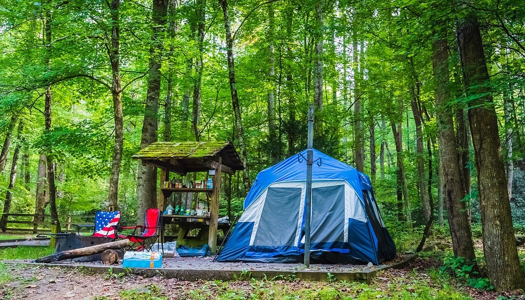 A blue tent, patriotic chairs, and pantry set up at Rock Creek Recreation Area camp site in Cherokee National Forest.