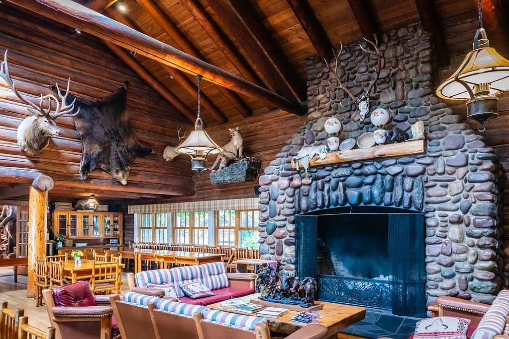 Stone fireplace in Flathead Lake Lodge.