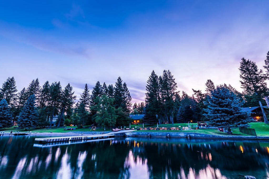 Twilight on Flathead Lake Lodge shoreline.